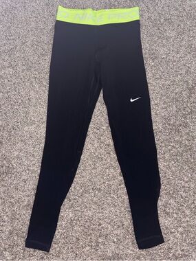 Nike Pro Black Athletic Leggings with Lime Waistband